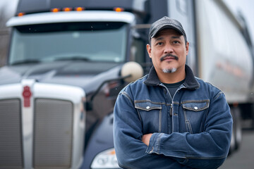A truck driver standing in front of his truck