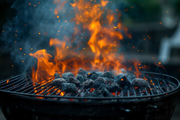 Barbecue Grill with Fiery Charcoal and Sparking Flames