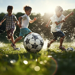 Obraz na płótnie Canvas Football soccer training for kids, children football training scene, boys happily chasing the football on grass field
