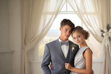 Elegant Teenage Couple at Formal Spring School Event with Stylish Attire, prom, couple, night, teens, ball, gala, spring, dance, high school, homecoming, formal, graduation, love, date, white, america