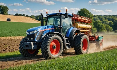 Fototapeta premium Fields of Excellence: Tractor's Precision Spray Cultivates Soybean Glory