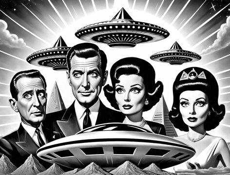 Sinister Illuminati Scene - Retro-Futuristic Celebrity Puppets and Dystopian Propaganda Posters Gen AI