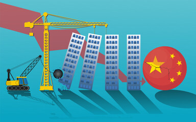 Economic crisis in the real estate market in China, flag of China New buildings being destroyed by the wracking ball. 