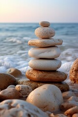 Zen-like stones stacked in perfect balance along a tranquil beach