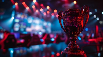 The Championship Trophy on Display in the Esports Arena At the computer game championship - obrazy, fototapety, plakaty