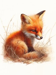 Obraz premium colored pencil sketch of a cute fox, forest animal, isolated on a white background
