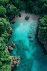 A blend of turquoise waters and lush greenery transports you to a tropical paradise seen from above