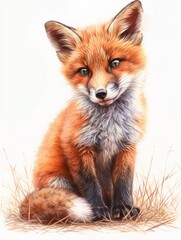 Colored pencil illustration featuring a lovable a fox, with a white background for isolation.