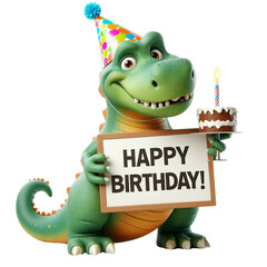 Cute Animal 3D Dinosaur Holding 'Happy Birthday' Board and Wearing Party Cap Cartoon: Isolated on Transparent Background - Clipart PNG Sticker Design	 - obrazy, fototapety, plakaty
