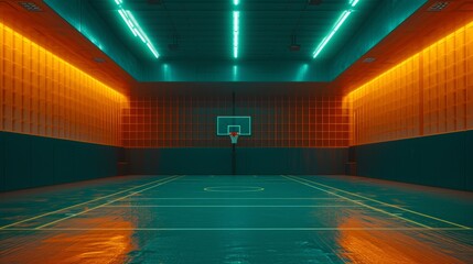Empty basketball court, cinematic, teal and orange color grade