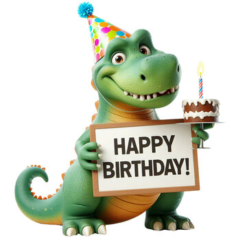Cute Animal 3D Dinosaur Holding 'Happy Birthday' Board and Wearing Party Cap Cartoon: Isolated on Transparent Background - Clipart PNG Sticker Design	