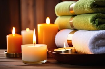 spa still life with candles, towels, stones and orchid