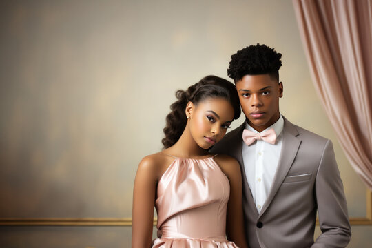 Stylish Adolescents Embracing at Elegant Dance, Open Empty Copy Space for Text within a Poster, Invitation or Announcement, Fill in the blank, Horizontal Landscape - Powered by Adobe