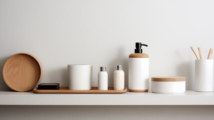 Fototapeta na wymiar Nordic interior design of bathroom, minimalistic and bright white design with wooden details