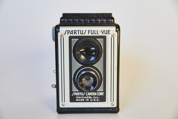 Vintage Spartus Full-Vue Camera on Off-White Background
