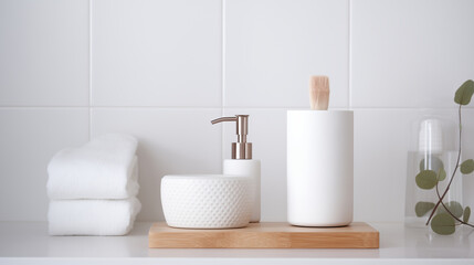 Fototapeta na wymiar Nordic interior design of bathroom, minimalistic and bright white design