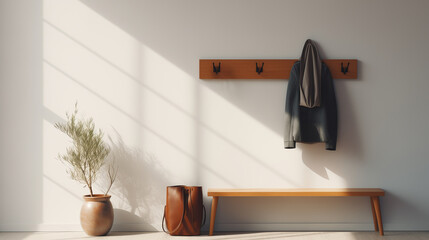 Nordic interior design of hallway, minimalistic and well lit design in brown pastel tones