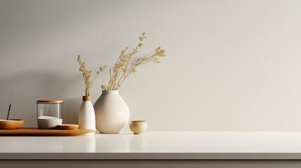 Fototapeta na wymiar Nordic interior design of kitchen, minimalistic and bright design in brown pastel tones