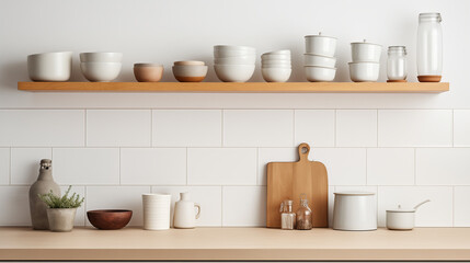 Fototapeta na wymiar Nordic interior design of kitchen, minimalistic and bright design in brown pastel tones with gray and white bowls, tiled wall