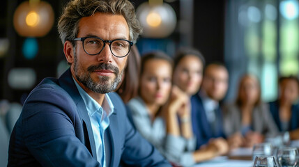 A business executive making an important decision during a board meeting. Mid-age male wearing suit and glasses with coworkers on the background, business meeting concept. - obrazy, fototapety, plakaty