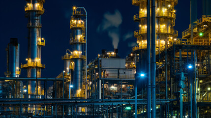 Fototapeta na wymiar Industrial Might at Twilight: Energy Powerhouse Glowing with Lights Against the Night Sky