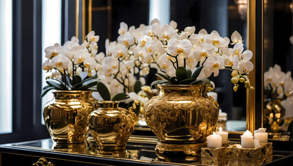 Orchids in Gold Ceramic Pot on Luxurious Vanity with Mirrored Wall.