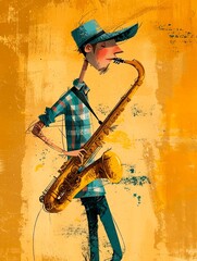 A stylized illustration of a man playing the saxophone