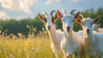 Obraz premium A goat family looks straight into the camera against the backdrop of a summer meadow