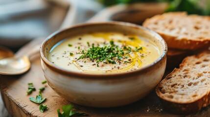  a bowl of soup sitting on top of a wooden cutting board next to slices of bread and a spoon with a sprig of parsley on top of bread.