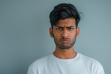 Portrait of a Confused Young Indian Man with a Frown on a Solid Grey Background. Generative AI.