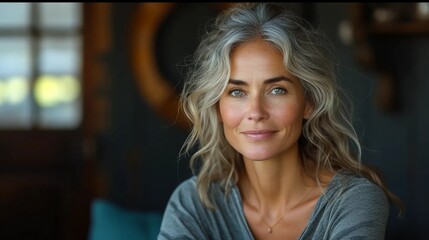 Woman in her 40s with smooth skin and natural gray hair