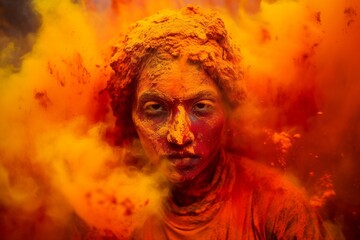 Portrait of a young man with face covered with red and orange smoke. Ai Generated.