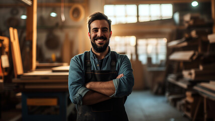 woodworking craftsman artisan in workshop with confident smile