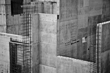 A complex series of concrete walls in black and white. Great background for construction, structure, structural, engineering, or industrial work.