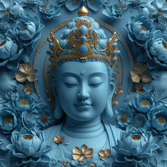 buddha with a lotus flower surrounded by blue flowers on a blue background