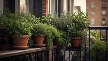Fototapeta na wymiar Potted Herbs and Plants on Outdoor Balcony Railing, Urban Apartment Living.