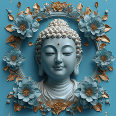 buddha with a lotus flower surrounded by blue flowers on a blue background