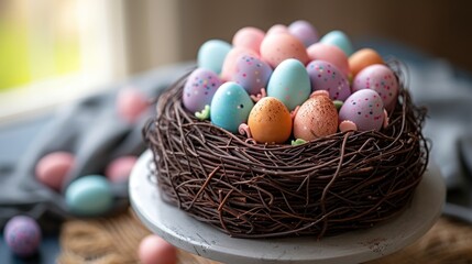  a bird's nest filled with eggs sitting on top of a table next to other colored eggs on top of a wooden table cloth covered with a black cloth.