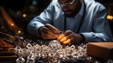 male jeweler examines a gemstone, professional, diamond, diamond, jewelry, gold