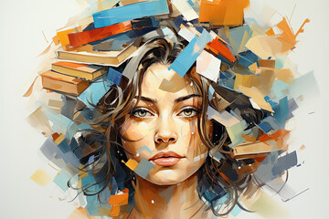 Painting capturing a woman balancing a stack of books on her head, symbolizing an embodiment of intellect and exploration. - obrazy, fototapety, plakaty