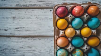  a carton filled with different colored eggs on top of a white wooden table with a blue, yellow, and red egg in the middle of the carton.