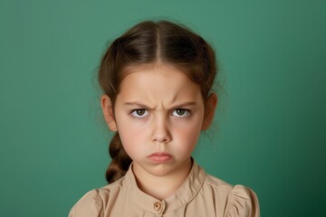 Fototapeta premium Little Girl with a Stern Look on a Solid Green Background. Generative AI.