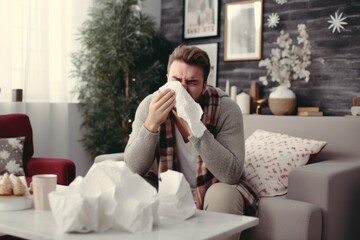 sick man suffering from runny nose due to flu or allergies - obrazy, fototapety, plakaty