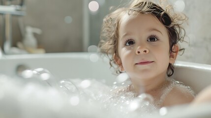 Little child takes a bath in a white tub with soap bubbles generate ai