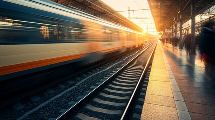 High speed train moving on the train station at sunset generate ai