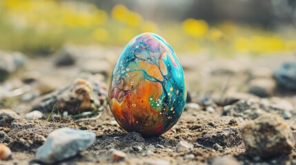 a painted egg sitting on top of a pile of dirt next to a field of grass and yellow flowers on a sunny day with a blurry sky in the background.