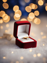 gold wedding ring with diamond in a red box on a bokeh background