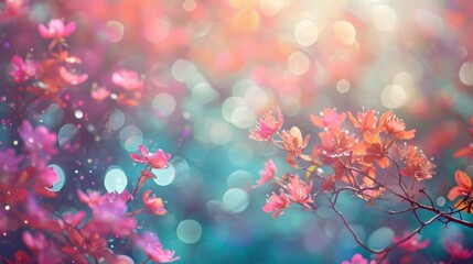  a blurry photo of a tree with pink flowers in the foreground and a blurry background of blue, red, and pink flowers in the foreground.