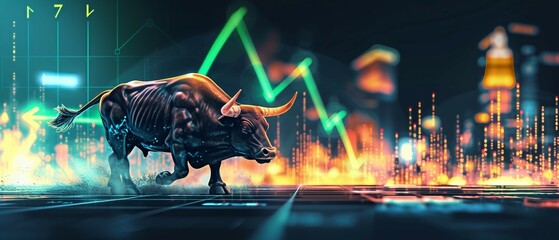  a banner portraying the symphony of peaks during a bullish run, Stock market investment trading graph with bull .