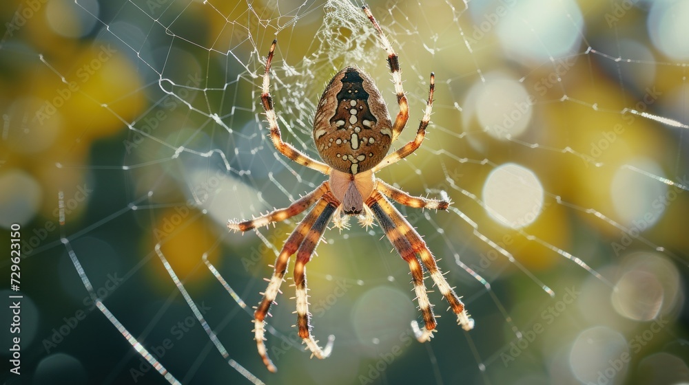 Wall mural a close up of a spider on it's web in the middle of it's web, with a blurry background of trees in t